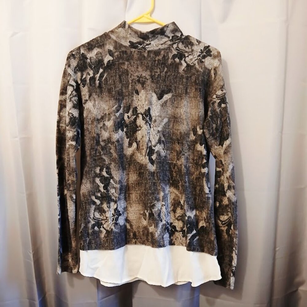 SIMPLY VERA WANG Sweater Top S Black Gray White Ruffled Drop waist Mock neck LS